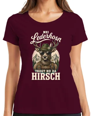 Obrázok produktu pre Mei Lederhosn – Dámske tričko s motívom "Hirsch Bayern Lederhose", bordové, veľkosť L