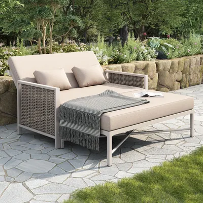 Produktbild von Merax Gartenmöbel 2-Personen mit 5-stufig verstellbar, Outdoor-Liegebett mit versenkbare Fußstütze und Stahlrahmen, Freizeitsofa Khaki+Beige