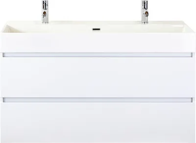 Produktbild von Badmöbel-Set Maxx XL 120 cm mit Keramikwaschtisch 2 Hahnlöcher weiß hochglanz
