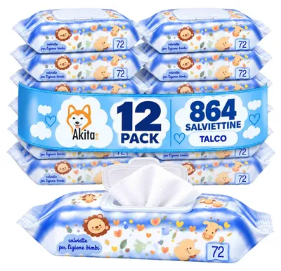 Immagine prodotto di Akitaink 12 Confezioni Salviettine Baby 72 Pz Talco