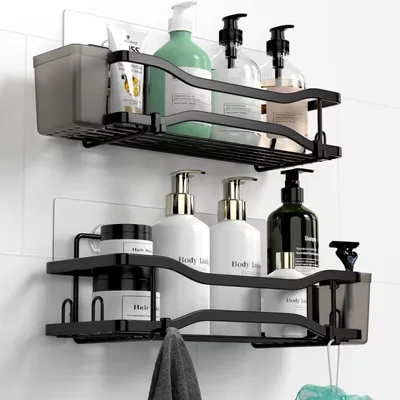 Produktbild von Duschablage ohne Bohren 2 Stück mit 4 Haken, Duschregal Edelstahl für Dusche, Duschorganizer für Bad, Schwarz