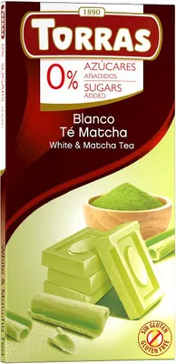 Obrázok produktu pre BIELA ČOKOLÁDA S MATCHA ČAJOM BEZ PRÍDAVKU CUKRU, BEZ GLUTÉNU 75 g - TORRAS