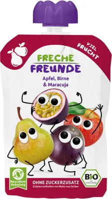 MUS JABŁKO - GRUSZKA - MARAKUJA BEZ DODATKU CUKRÓW BEZGLUTENOWY OD 6 MIESIĄCA BIO 100 g - FRECHE FREUNDE