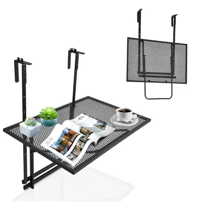 Produktbild von KOMFOTTEU Balkonhängetisch höhenverstellbar, klappbarer Servicetisch, Balkontisch 60,5 cm x 48 cm (L x B), bis 20 kg belastbar, Hängetisch aus Eisen für Außen und Innen, Schwarz