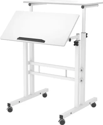 Produktbild von Mobiler Stehschreibtisch - Höhenverstellbarer Computertisch - Kippbare Tischplatte - Mit Rollen - Kompakt <102 cm Breite - Metallgestell - Weiß