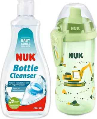 Produktbild von NUK Flexi Cup Babyflasche /Babytrinkflasche 12+ Monate, Bagger (grün) + NUK Spülmittel SET