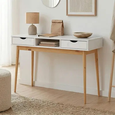 Produktbild von Schreibtisch STEFANO weiß / Eiche farben - Bürotisch mit 2 Schubladen und Fach aus Massivholz, Home Office Tisch, moderner Arbeitstisch
