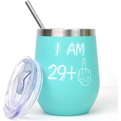 Productafbeelding van RVS wijnglas voor dames, 30e verjaardag, 350 ml, blauw, met deksel en rietje