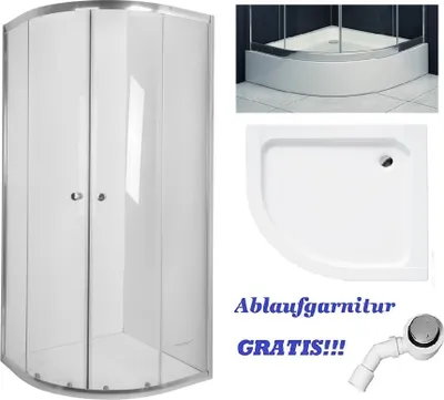 A collage of images showing a shower cabin, a shower tray, and a drain kit.
