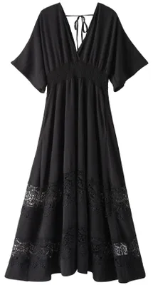 Productafbeelding van Olaesa Damen maxi-jurk, korte mouwen, V-hals, feestjurk, gerimpelde taille