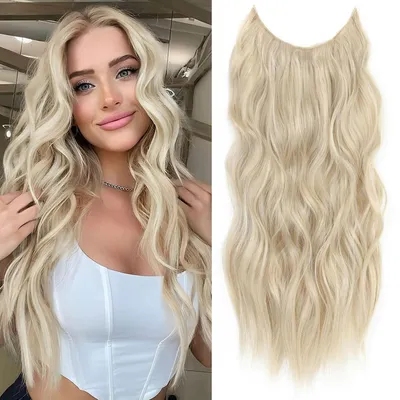 Immagine prodotto di Estensione per capelli, lunghezza 61 cm, ondulata, in fibra sintetica, con 4 clip, colore biondo, con riflessi biondi più chiari