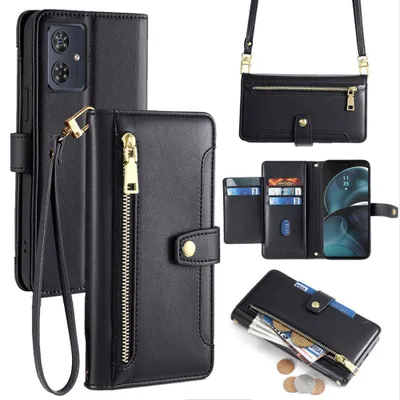 Produktbild von Handykette Motorola Hülle mit Band Handyhülle Kartenfächer Leder Umhängetasche Moto G14 Schwarz