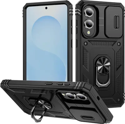 Produktbild von Hülle für Samsung Galaxy S25 Edge, Schiebe Kamera Schutz Stoßfest Schutzhülle mit Ringhalterung Ständer Schwarz