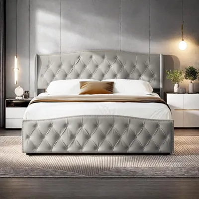 Immagine prodotto di Letto imbottito Fortuna Lai 140x200cm con rete a doghe, rete e contenitore, idraulico, velluto, grigio