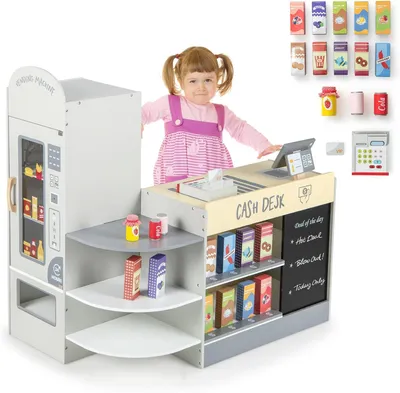 Produktbild von DREAMADE Kasse Kaufladen Kinder, Kaufmansladen Holz mit realistischer Kasse & Verkaufsautomat, Spiel-Supermarkt mit 15 Zubehör & Kreidetafel (Grau)
