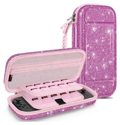 Produktbild von FINTIE Tasche für Nintendo Switch 2(2025 Modell) - Tragetasche Aufbewahrungstasche Hülle Case mit 20 Spielkartenhaltern und Haltegurt für Nintendo Switch Konsole und Zubehör, Glitzerndes Violett