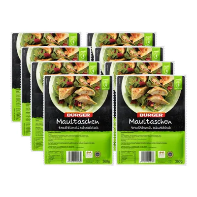 Produktbild von Bürger Maultaschen traditionell schwäbisch, 8 x 360 g Beutel – herzhaft gefüllt, schnell zubereitet, typisch schwäbischer Genuss.