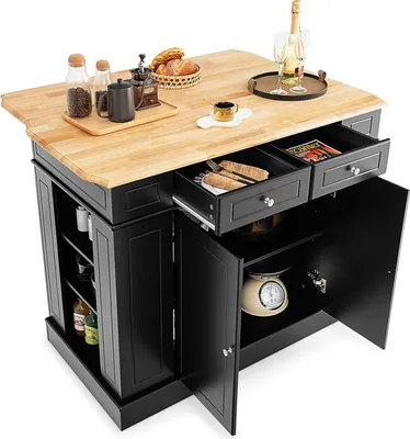 Immagine prodotto di Isola da cucina KOMFOTTEU con piano di lavoro estraibile, mobile da cucina in legno con cassetti, ripiani laterali e 2 ante, 120x61x92 cm (nero)