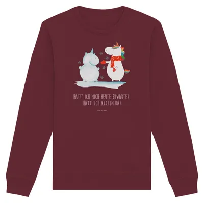 Produktbild von Mr. & Mrs. Panda Baumwoll Sweatshirt Einhorn Schneemann Größe XL - Burgundy - Geschenk, Schnee, Weihnachten, Unicorn, Pullover, Winter, Sweater, Pulli, Rundhals, Kuchen