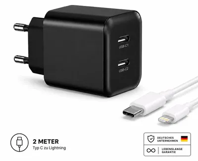 Produktbild von USB-C Ladegerät mit 2 USB-C Anschlüssen Netzteil Universal – Schwarz / Lightning 2 Meter