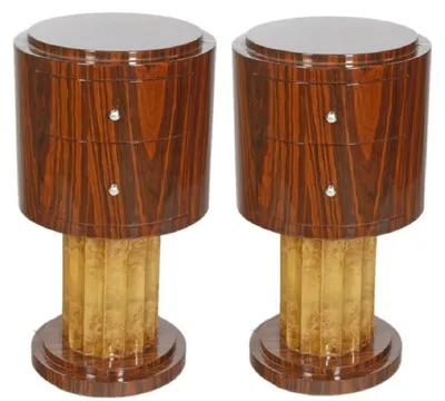 Immagine prodotto di Casa Padrino Set di tavolini Art Deco marrone / marrone chiaro Ø 40 x h. 75 cm - Tavolini rotondi in mogano e radica con 2 cassetti