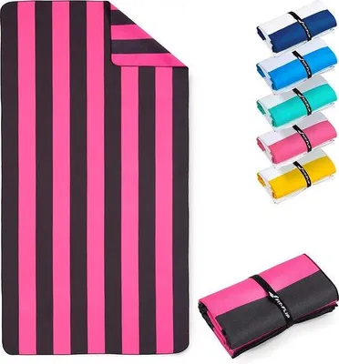 Produktbild von Unyqoos® XXL Strandtuch – 100 % recycelte Mikrofaser, leicht & schnelltrocknend, rosa/dunkelgrau gestreift, 200 x 90 cm, großes Badehandtuch