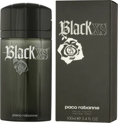 A bottle of Paco Rabanne XS Black perfume and its packaging are displayed side-by-side against a white background.