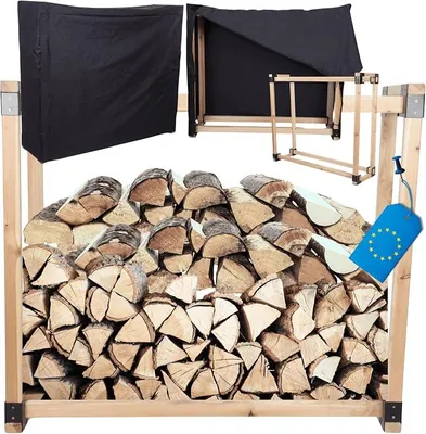 Produktbild von Kaminholzregal, Holzunterstand mit Abdeckung, stabiler Brennholzständer aus massivem Holz, Brennholzregal & Holzlager für Garten, Terrasse & Außenbereich, wetterfeste Schutzplane, 154x146x40 cm