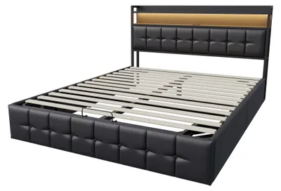 Immagine prodotto di Letto imbottito - Letto matrimoniale - 140 x 200 cm - Contenitore a sollevamento idraulico - Ecopelle - Struttura a listelli - Nero