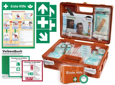 Produktbild von Verbandskoffer/Verbandskasten (K)-Komplettpaket- Erste Hilfe nach aktueller DIN 13157 für Betriebe -DSGVO- INKL. PERF. VERBANDBUCH +Aushang +Aufkleber