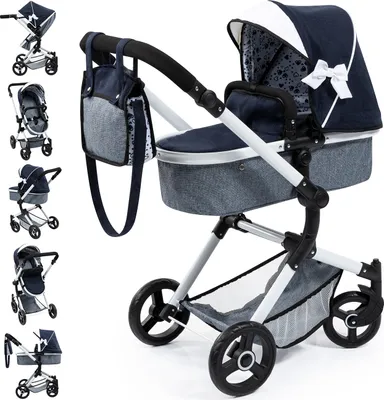 Produktbild von Bayer Design Kombi-Puppenwagen Neo Vario 18481AB mit Tasche, wandelbar als Jogger, verstellbarer Griff, blau, weiß mit Schleife