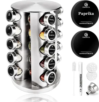 Produktbild von Gewürzregal/Gewürzständer - 5 Ebenen - 360° drehbar - 1 Ständer mit 20 Gläsern à 100 ml - Metall - Silber