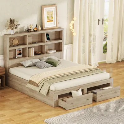 Obrázek produktu pro Manželská postel s čelem a zásuvkami, úložný prostor zázrak pro ložnice, moderní design s USB nabíjecím portem, 160 x 200 cm, přírodní barva