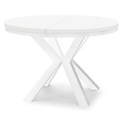 A white round dining table with a striking X-shaped base is shown against a white background.