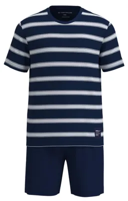 Produktbild von TOM TAILOR Herren Schlafanzug, kurz - Shorty, Pyjama, Rundhalsausschnitt, Baumwolle, Single Jersey Blau/Weiß XXL