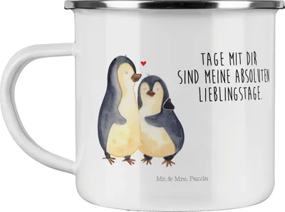 Produktbild von Mr. & Mrs. Panda Teetasse Pinguin umarmen - Weiß - Geschenk, Liebesbeweis, Emaille Tasse, Jahrestag, Hochzeitstag, Outdoor, Haferl, Motivtasse, becher, Liebe