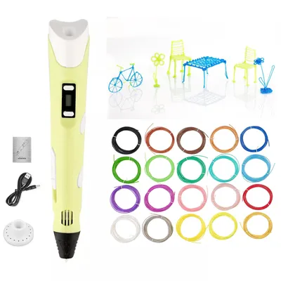 Produktbild von 3D-Drucker-Stift mit Anzeige, USB-Stromversorgung, inkl. 20 PLA-Filamente (Druckerstift, 3D Stift Kinder, Kugelschreiber) Gelb