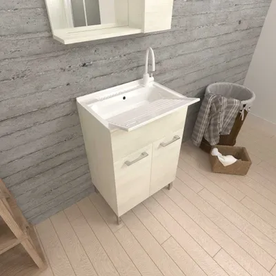 Produktbild von Waschbeckenunterschrank 60 cm Eiche Weiß Holzeffekt mit Waschbrett | Pratico