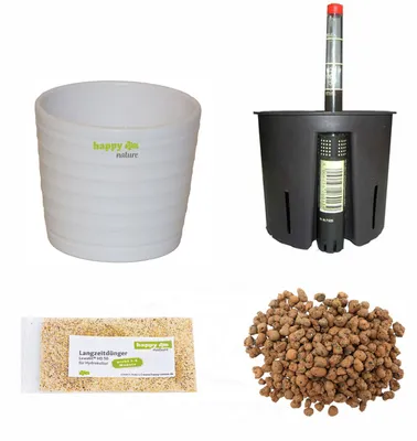 Produktbild von Set5 5 teilig für Hydrokultur Blumentopf Keramik Maui 13/12 weiß Ø 16 cm H 13,5 cm + Kulturtopf + Wasserstandsanzeiger + Blähton + Dünger