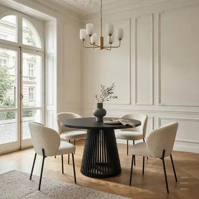 Produktbild von Runder Ausziehbarer Tisch für Esszimmer, DOVER - Industrial/Loft Still mit Lamellenbeine, Durchmesser: 100 / 200 cm, Farbe: Schwarz