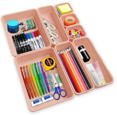 Obrázok produktu pre Sada 8 organizérov do zásuviek Unyqoos®, priehľadné úložné boxy z plastu bez BPA, ružové a zelené – 3 kusy: 7,62 x 7,62 x 4,5 cm; 2 kusy: 23,34 x 15,72 x 4,5 cm; 3 kusy: 23,34 x 7,62 x 4,5 cm, vhodné do kuchyne, kancelárie a kúpeľne