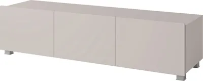 A light gray media console with three doors and silver legs, shown from a slight angle against a white background.