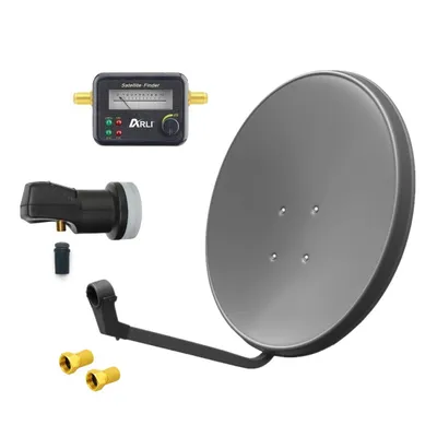 A satellite dish kit with accessories laid out on a white background.