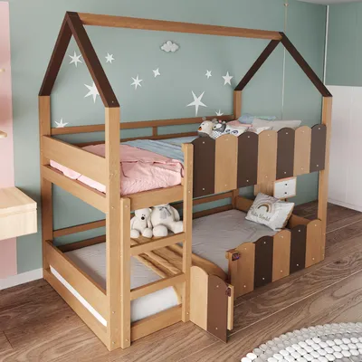 Obrázek produktu pro MODFU Patrová postel bez matrace 90x200 dětská postel s jedinečným designem domu, Manželská postel s vyššími ochrannými zábradlím, rám postele s otevíracími dveřmi, barva dřeva