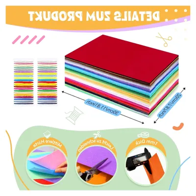 Produktbild von Bastelfilz in 50 Farben 20x30cm mit Nähgarn-Set 1mm für DIY-Projekte (50 Stück)