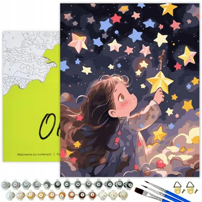 Produktbild von Oh Art! Malen nach Zahlen Kinder Bild Mädchen & Sterne 40 x 50 cm – Komplettset mit Holzrahmen, Acrylfarben & 3 Pinseln und Zubehör - Geschenk