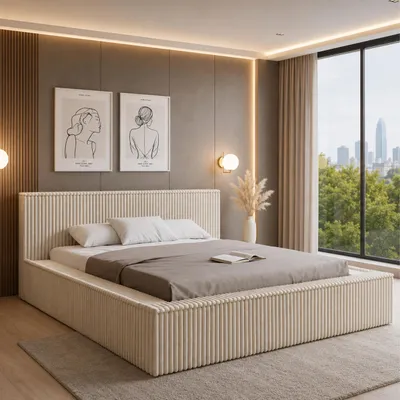 Produktbild von GOLDSTOFF Polsterbett Veloria 140x200 cm mit Bettkasten und Lattenrost | Modernes Doppelbett aus Velours mit gepolstertem Kopfteil (beige)