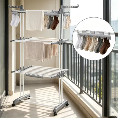 Produktbild von 4 Ebenen Klappbar Wäscheständer Turm,Upgrade Wäschetrockner mit 3 Sockenhaltern,Edelstahl Standtrockner Wäscheturm für Innen/Außen 170x75x49cm Grau