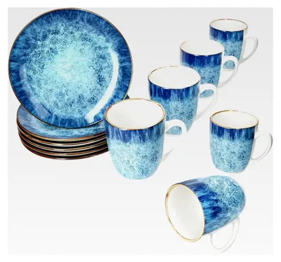 Produktbild von Marina 12-teiliges Frühstücksset I 6 blaue kleine Frühstücksteller & Kaffeebecher 320 ml für 6 Personen mit maritimem Design für Frühstück & Kaffee I Ozean-Dekor