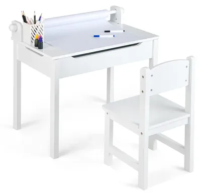 Zdjęcie produktu dla Stolik dziecięcy FANTASK, biurko dla dzieci z krzesłem, uchwyt na rolki papieru i markery
